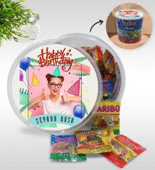 Kişiye Özel İsimli Fotoğraflı Doğum Günü Tasarımlı Dev Boy Haribo Minis Kovası (10gx100adet) Model 23