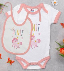 BK Kids Kişiye Özel İsimli Pembe Bebek Body Zıbın ve Mama Önlüğü Hediye Seti-4