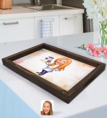 Kişiye Özel Kadın Chef Karikatürlü Doğal Ahşap Tepsi-2