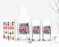 Kişiye Özel Renkli Baskılı London Tasarımlı İkili Rakı Bardağı Karaf ve Cep Kitabı Hediye Seti-3