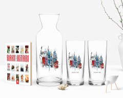 Kişiye Özel Renkli Baskılı London Tasarımlı İkili Rakı Bardağı Karaf ve Cep Kitabı Hediye Seti-4