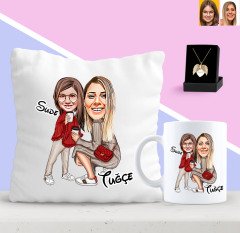 Kişiye Özel Anne Kız Karikatürlü Yastık Kupa ve Melek Kanadı Kolye Seti-3