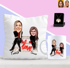 Kişiye Özel Anne Kız Karikatürlü Yastık Kupa ve Melek Kanadı Kolye Seti-4