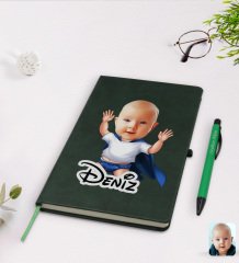 Kişiye Özel Bebek Karikatürlü Yeşil Termo Deri Defter Kalem Seti Model 3
