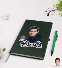 Kişiye Özel Erkek Karikatürlü Yeşil Termo Deri Defter Kalem Seti Model 63