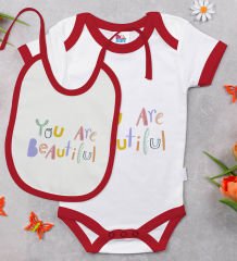 BK Kids You Are Beautiful Tasarımlı Kırmızı Bebek Body Zıbın ve Mama Önlüğü Hediye Seti-1