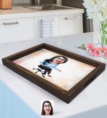 Kişiye Özel Kadın Patron Karikatürlü Doğal Ahşap Tepsi-5