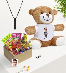 Kişiye Özel Bay Mühendis Karikatürlü Nostaljik Lezzetler Peluş Ayıcık Siyah Bar Kolye Hediye Seti