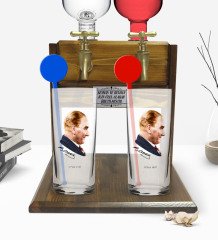 Kişiye Özel Renkli Baskılı Atatürk Temalı İkili Vodka Bardağı ve Çift Musluklu Doğal Ahşap Vodka Standı-11