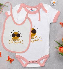 BK Kids Kişiye Özel İlk Seyahat Tasarımlı Pembe Bebek Body Zıbın ve Mama Önlüğü Hediye Seti-1