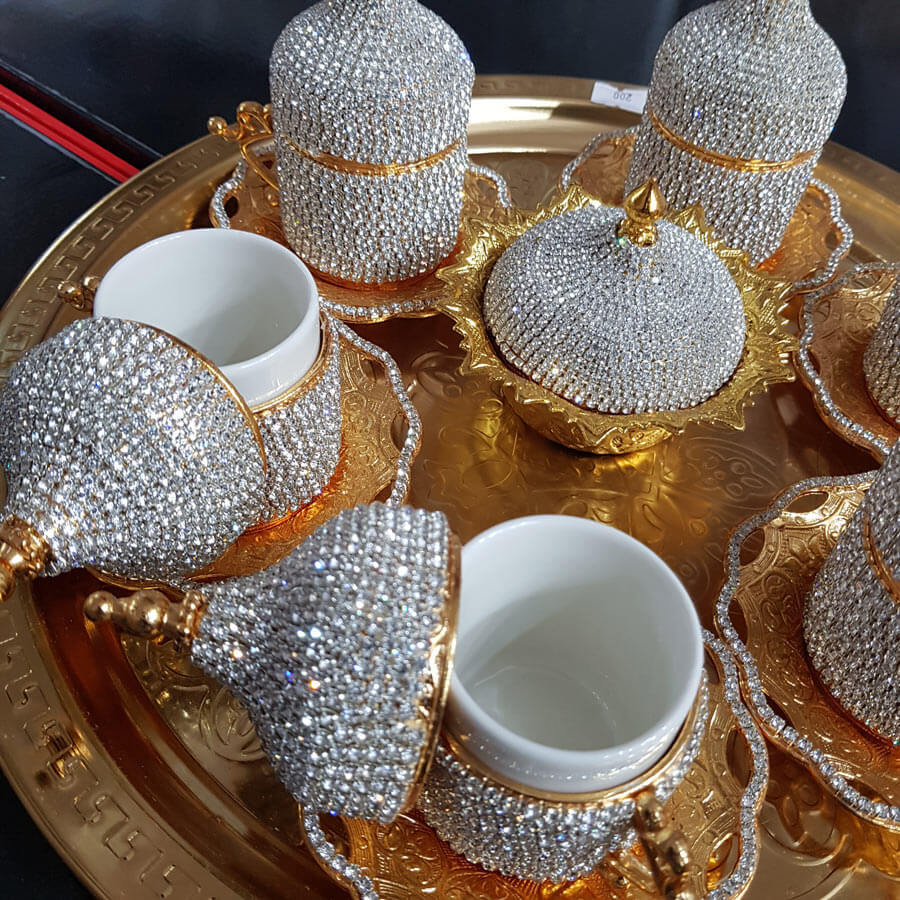 8�Li Gold Beyaz Kristal Taşlı Lokumluk Kahve Fincanı Set