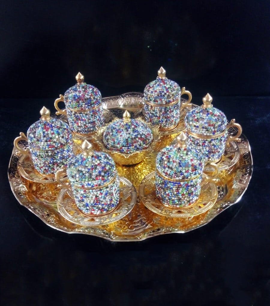 8�Li Gold Renkli Taşlı Lokumluk Kahve Fincanı Set